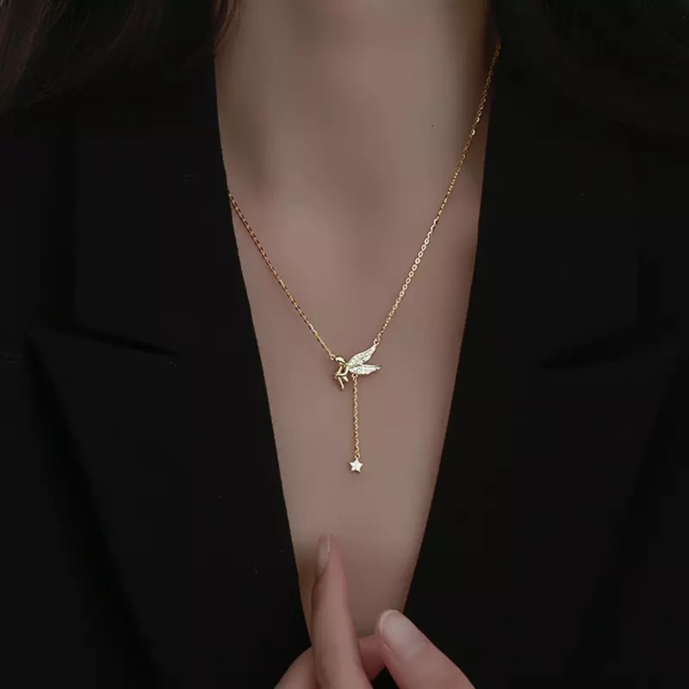 925 Sterling Silver Angel Star Tassel Necklace - Picture 9 of 11